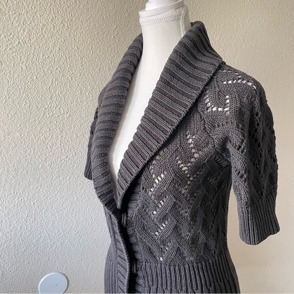 Eddie Bauer Shawl Collar Knit Cardigan Sweater Women’s M Gray Short Sleeve Y2K - Picture 7 of 16